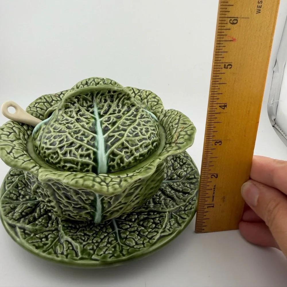 Costa Pereira Cabbage Leaf Tureen Set OS Green Majolica Portugal Vintage